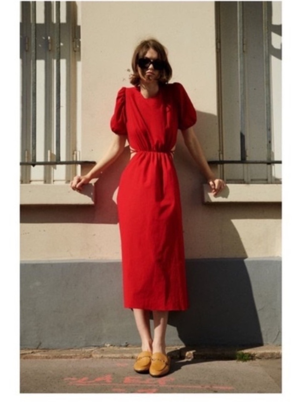 Zara bloggers favorite NEW CUT OUT POPLIN MIDI DRESS WITH TIES RED 100% COTTON